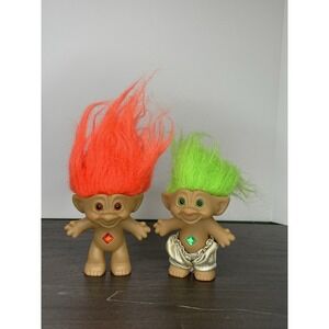 Vintage Ace Novelty Co Treasure Troll Doll Set Of 2 Two Orange And Green Hair